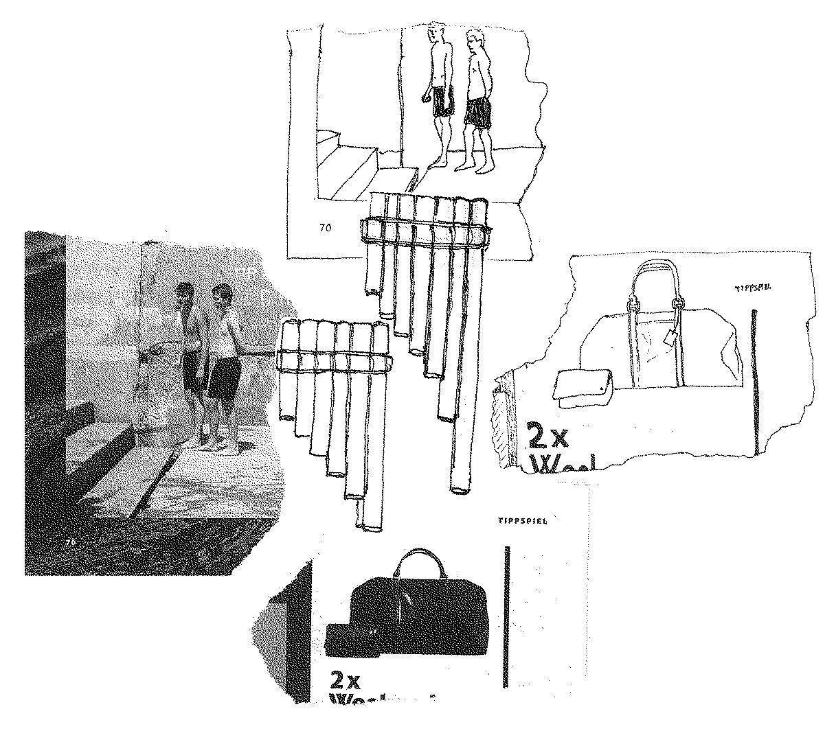 Reproductions en dessins de coupures de journal de personnes et de sacs accompagnés de dessins de flûte de pan