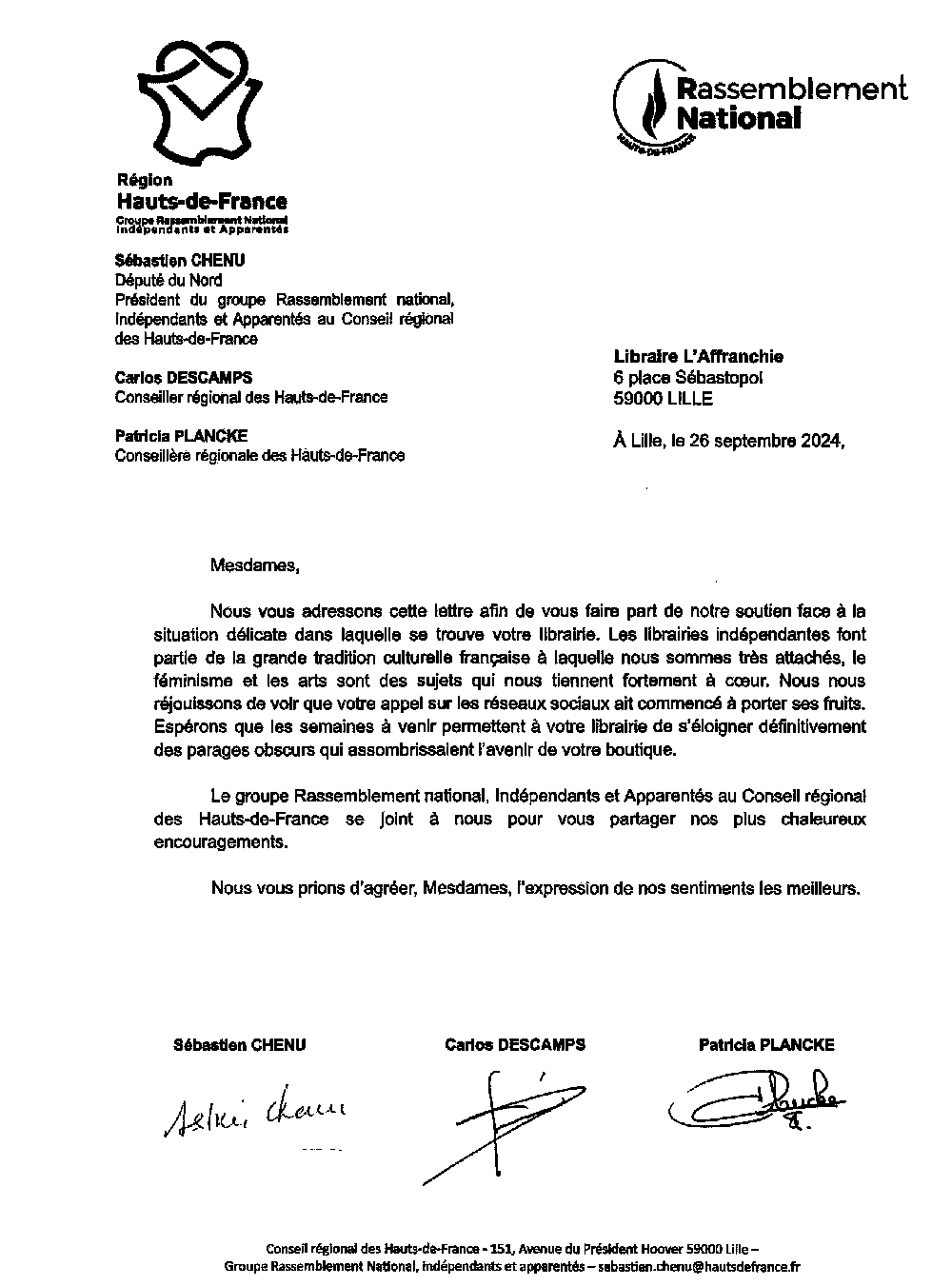 Lettre de “soutien” du Rassemblement national adressée à la librairie indépendante l’Affranchie à Lille