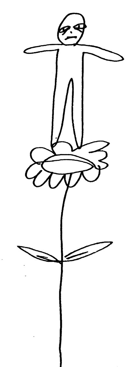 Dessin de personnage triste debout sur une fleu