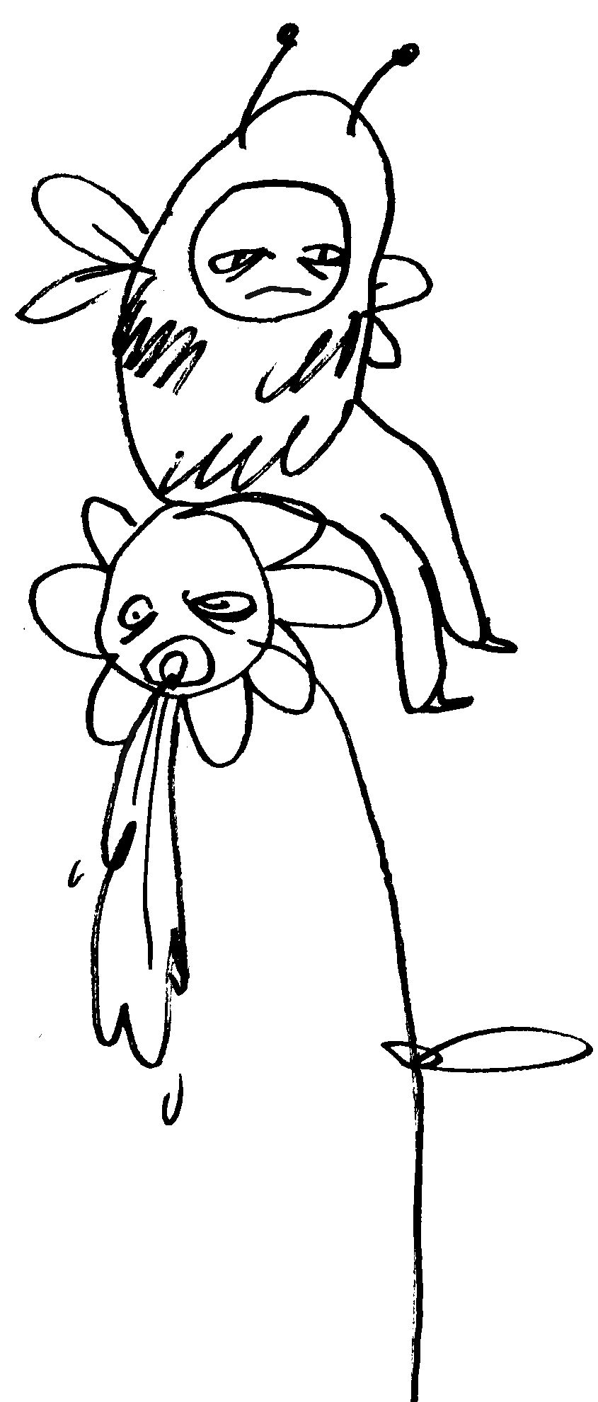 Dessin d’abeille déprimée sur une fleur qui vomit