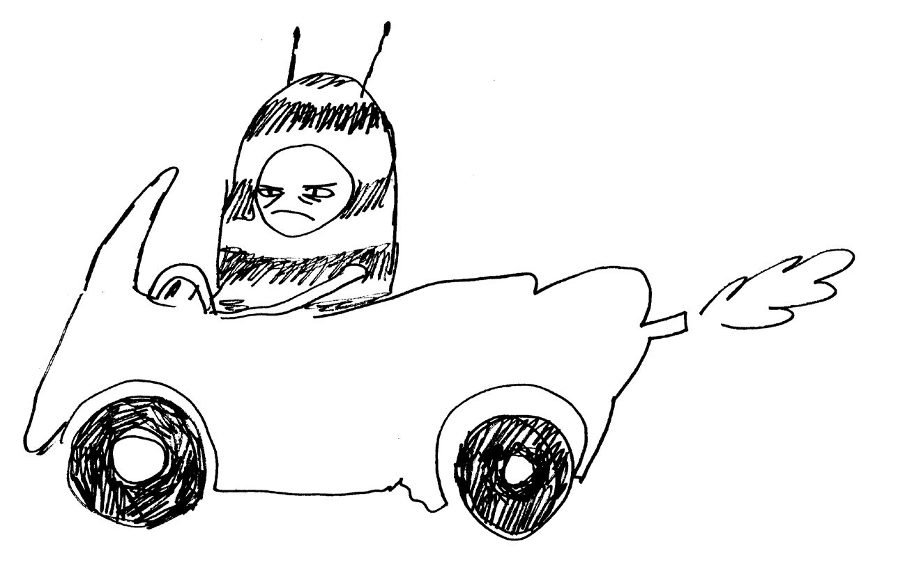 Dessin d’une abeille pas contente en voiture