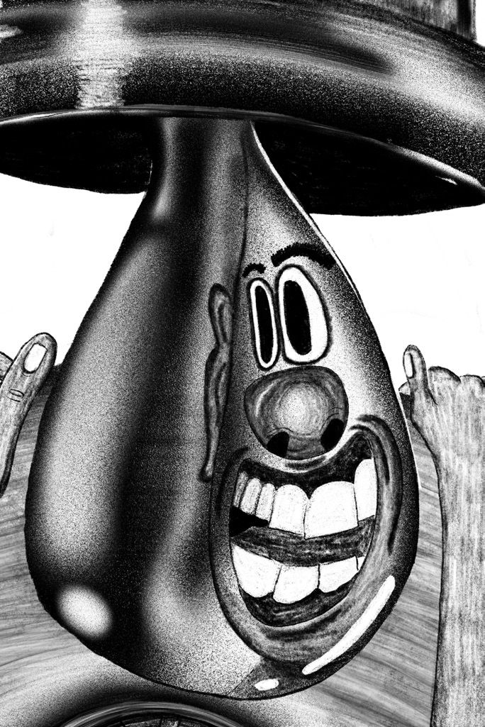 Dessin d’un reflet de lampe avec monsieur patate qui sourit