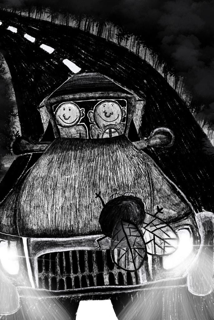 dessin de deux personnes en voiture dans la nuit