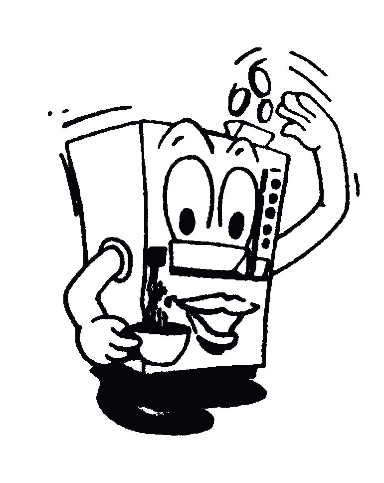 Dessin d’une machine à café se versant des pièces pour se faire du café.